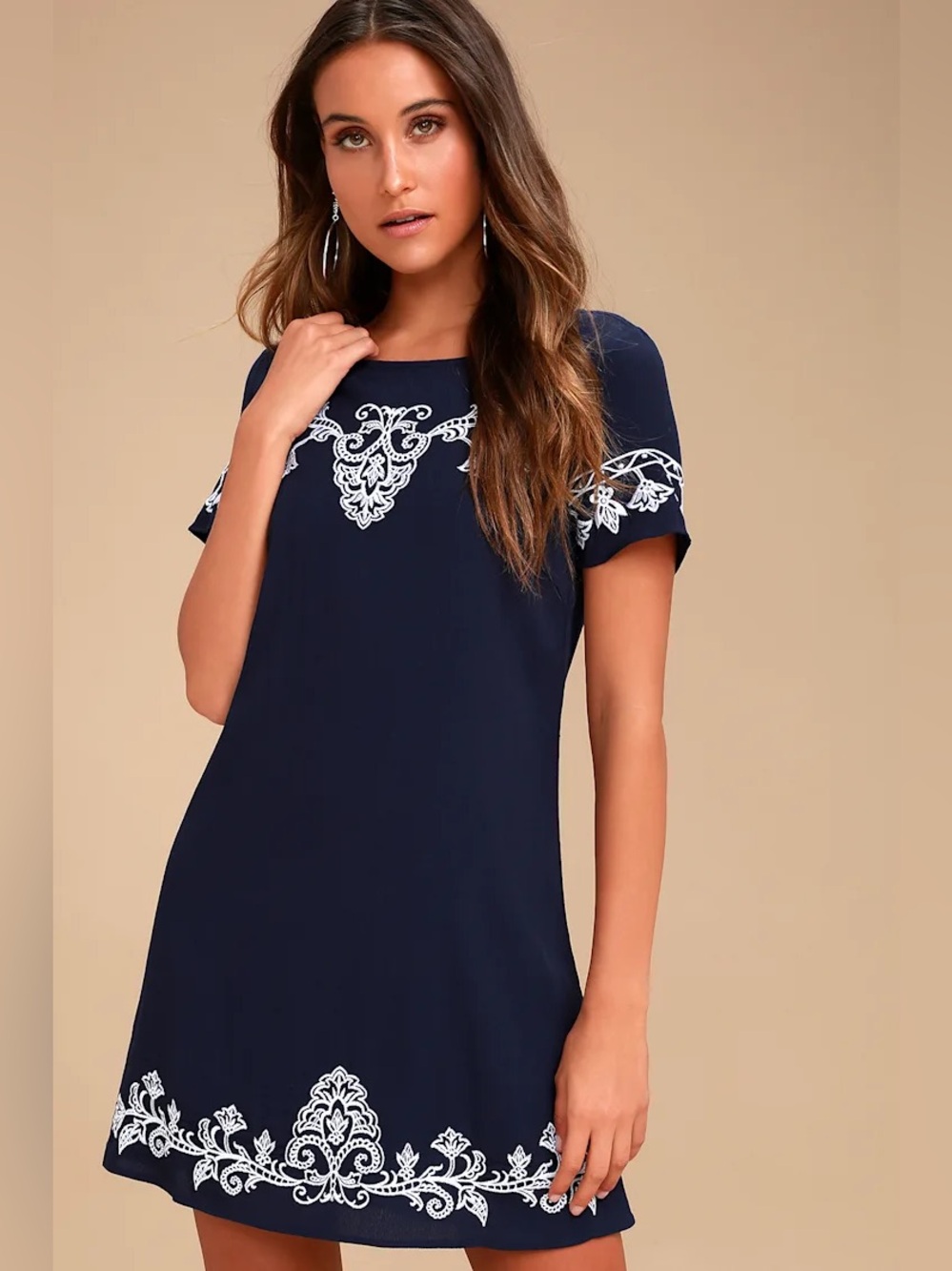 Lulus tale to tell white navy blue embroidered shift mini dress short sleeve